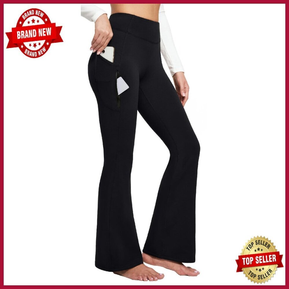 Fleece Lined Yoga Pants with Pockets High Waist Flare Leggings